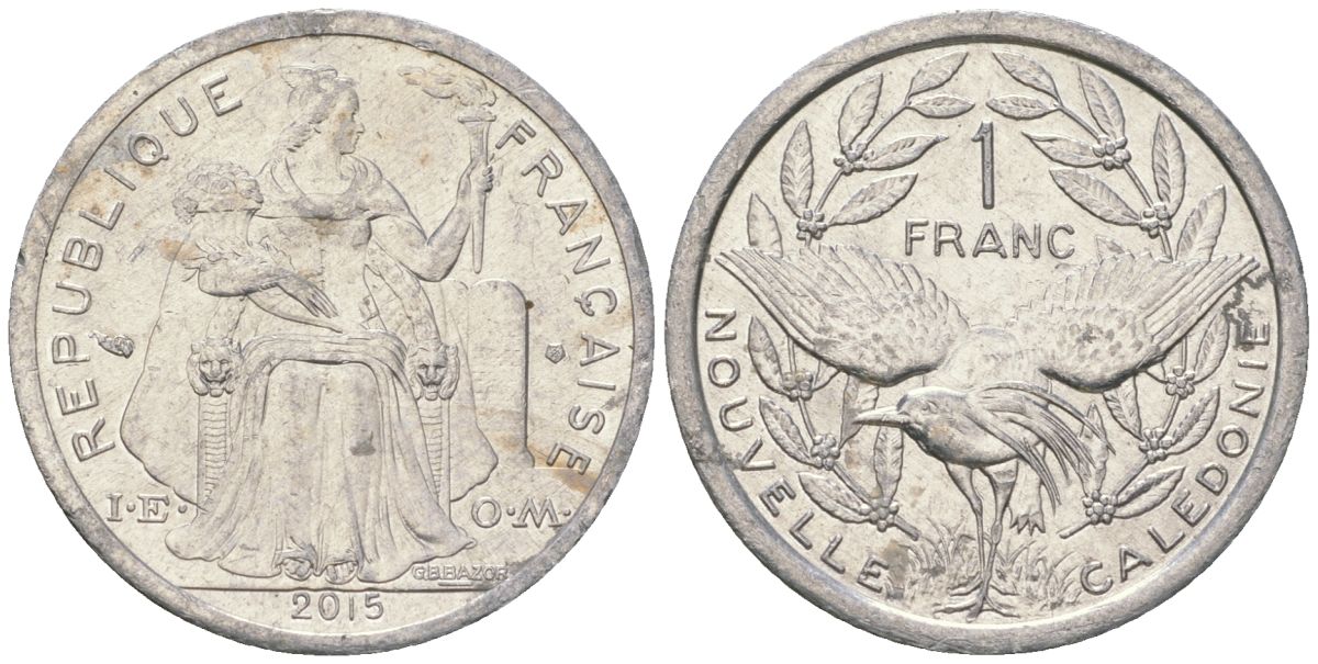 Французская Новая Каледония 1 франк 2015 птица кагу, (IEOM) KM 10, Schoen 10 алюминий 33-734