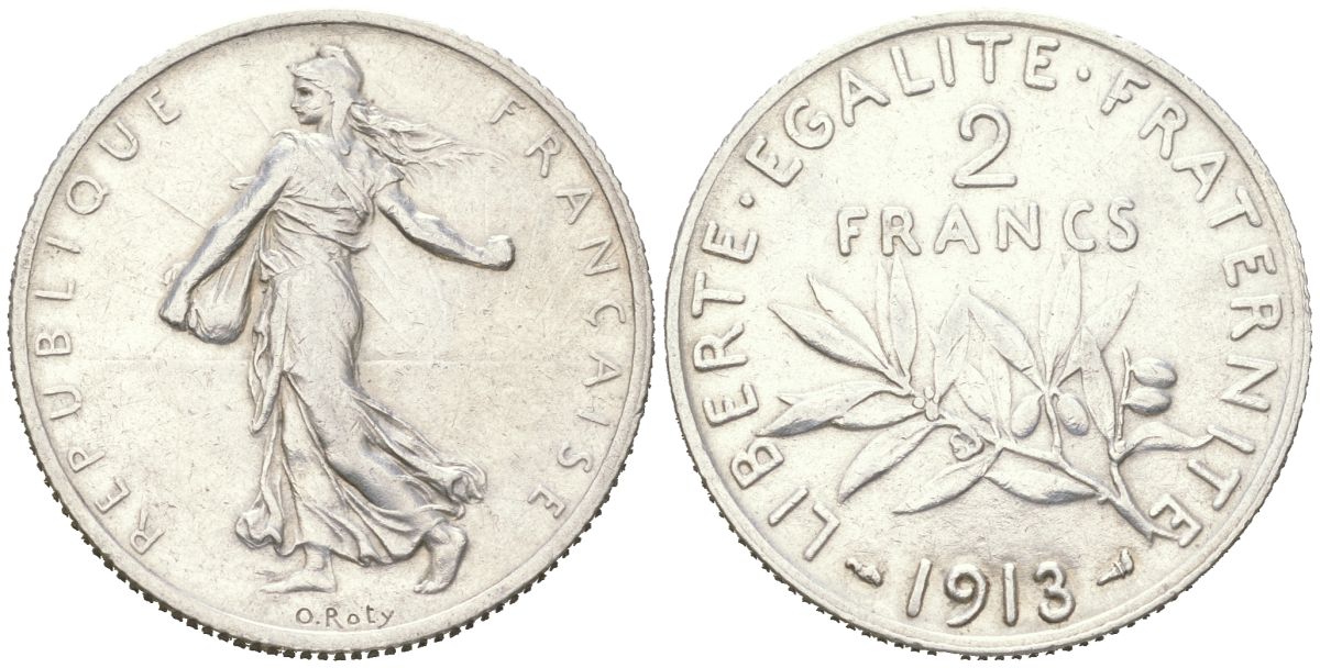 Франция 2 франка 1913 редкий год, тираж 500.000 экземпляров KM 845 серебро 4044-434