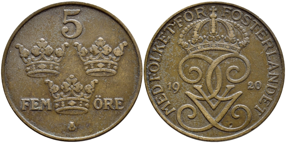 Швеция 5 эре 1920 Густав V (1907-1950) KM 779.2 бронза 4394-844