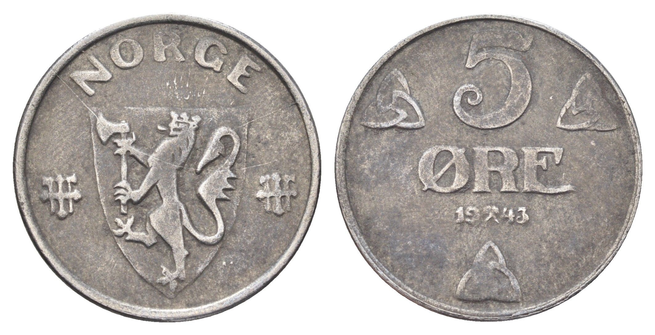 Норвегия 5 эре 1943 Хокон VII (1905-1957) KM 388 железо 4706-934