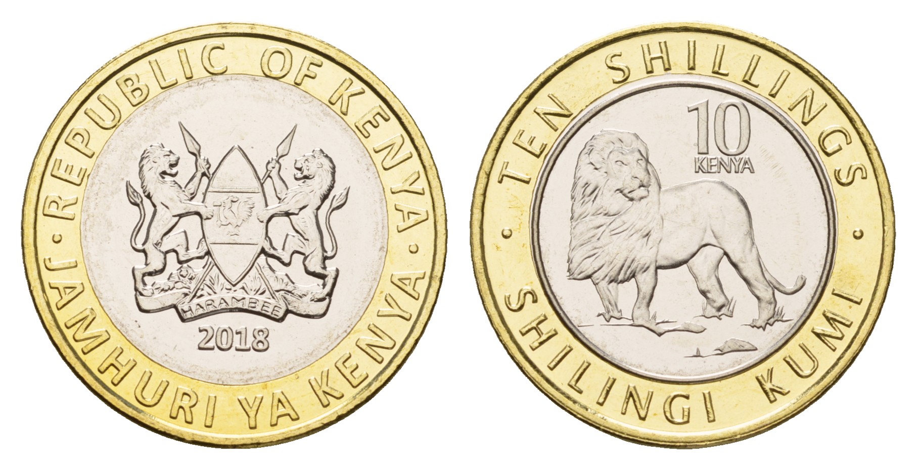 Кения 10 шиллингов 2018 лев KM 47 биметалл  UNC  M71-09