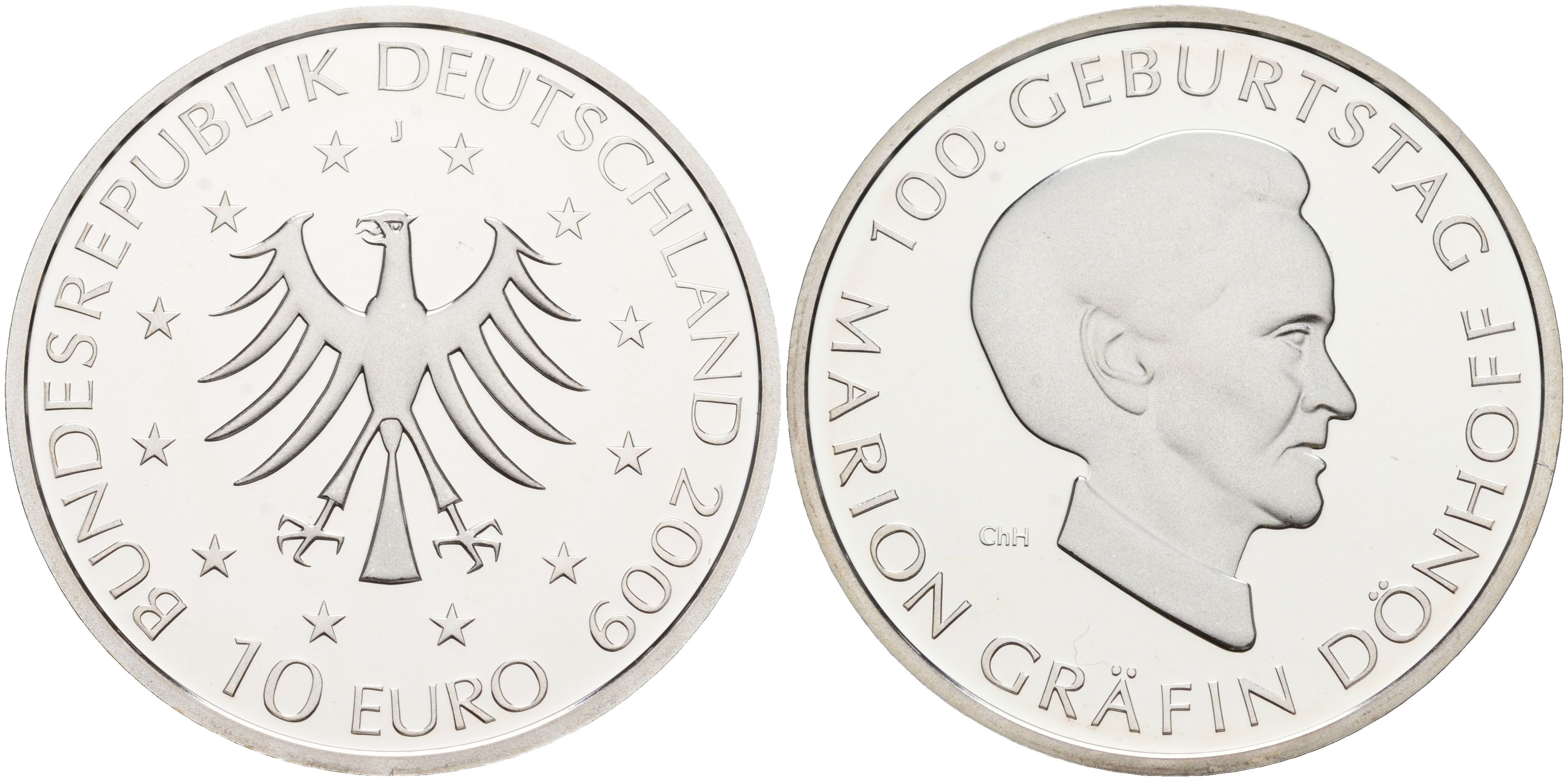 ФРГ 10 евро 2009 J, 100 лет со дня рождения графини Марион Дёнхофф KM 284, DE.S. 10.44 серебро PROOF 1076-4-21