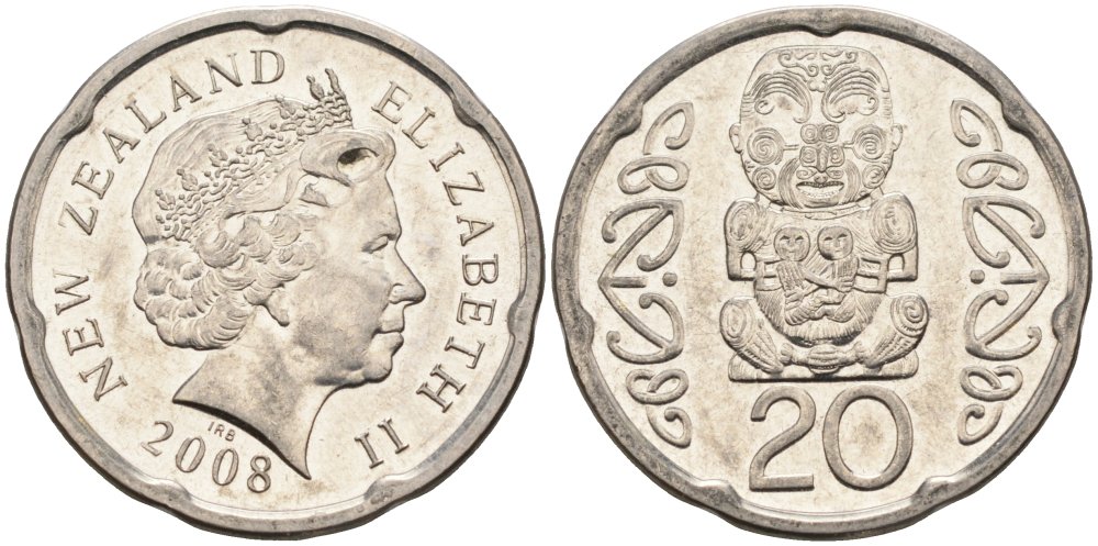 Новая Зеландия 20 центов 2008 Елизавета II (1952-2022), идол Пукаки KM 118а никелированная сталь 4579-1234