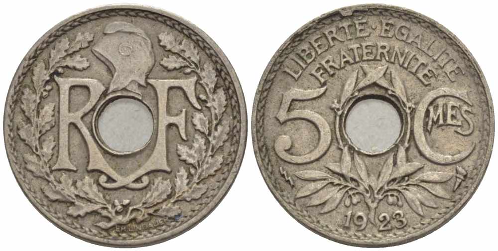 ФРАНЦИЯ 5 САНТИМОВ 1923 tb, ТИП ЛИНДАЙЁ, МОНЕТНЫЙ ДВОР ПУАССИ, МОЛНИЯ KM 875, LE FRANC 122.7 медно-никель 4379-536