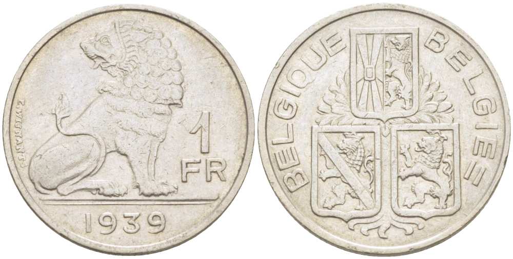 Бельгия 1 франк 1939 Леопольд III (1934-1950), Belgique-Belgie, лев KM 119 никель 210-1057