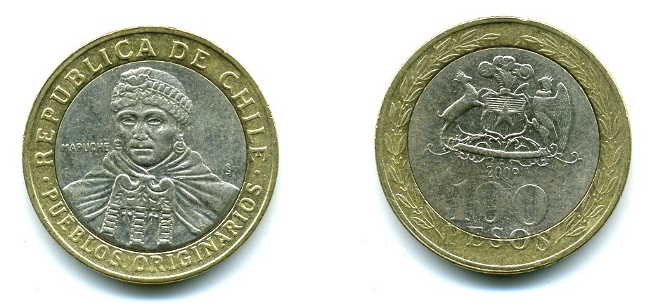 Чили 100 песо 2009 индейцы Мапуче KM 236 биметалл 29-853