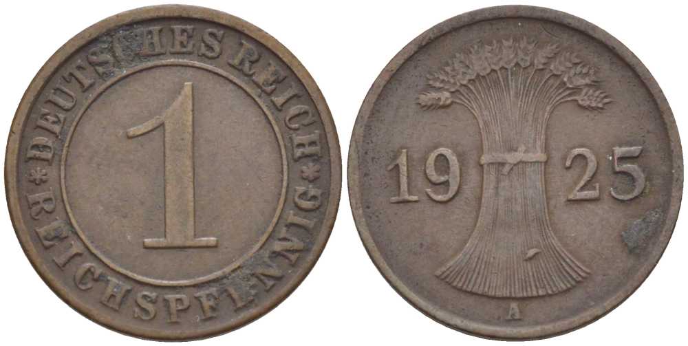 ГЕРМАНИЯ 1 РЕЙХСПФЕННИГ 1925 A KM 37, J. 313, Weege 2 бронза 211-113