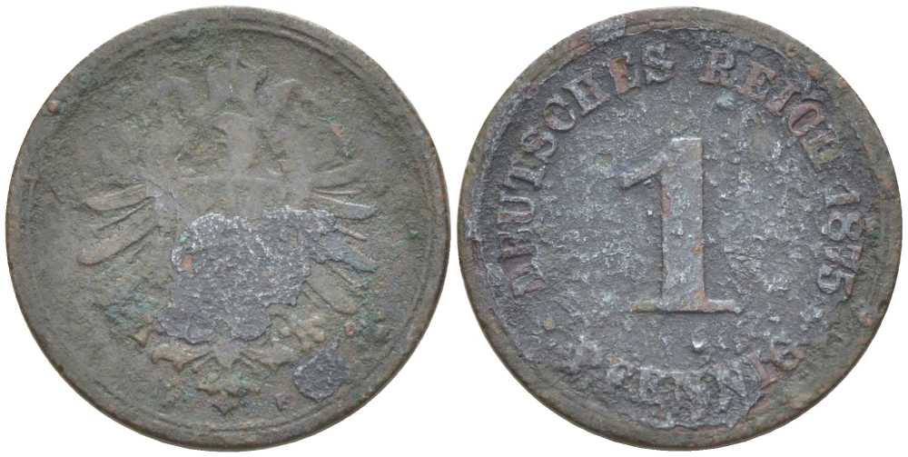 ГЕРМАНИЯ 1 ПФЕННИГ 1875 F, СТАРОГЕРБОВКА KM 1, J. 1, Weege 1 медь 211-612
