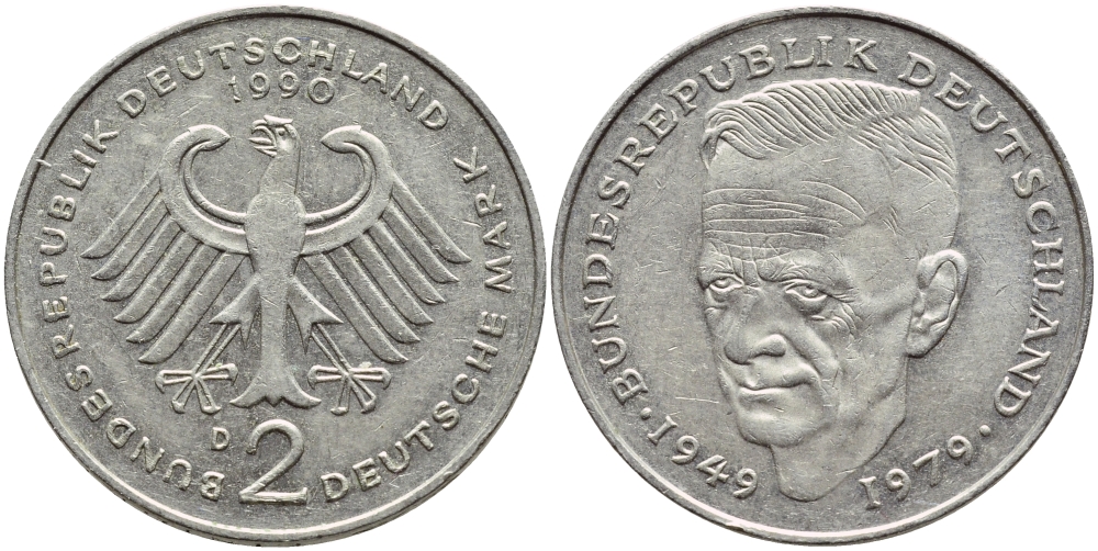 ФРГ 2 МАРКИ 1990 D, КУРТ ШУМАХЕР KM 149, J. 424 медно-никель плакированный никелем 79-511