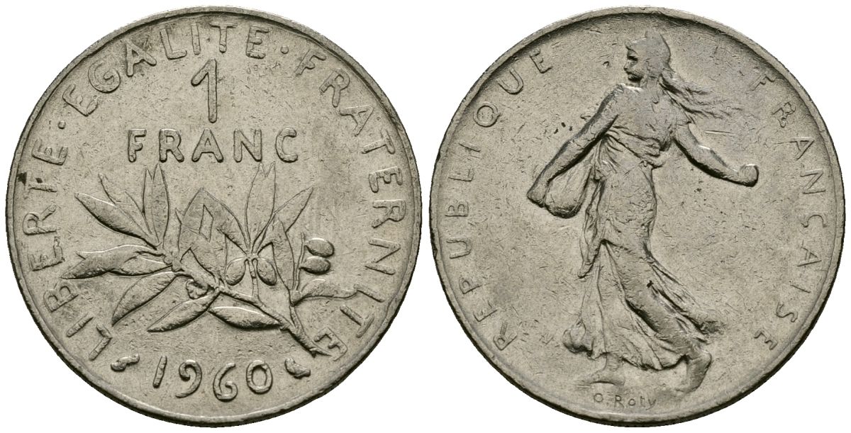 Франция 1 франк 1960 сеятель KM 925.1, Le Franc 226.4 никель 4138-252