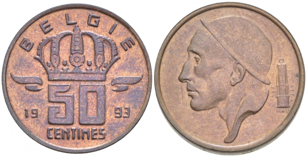 БЕЛЬГИЯ 50 САНТИМОВ 1993 BELGIE, БОДУЭН I (1951-1993) KM 149.1 бронза 3996-1226