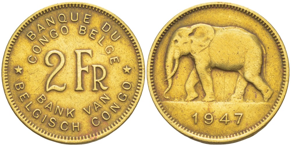 Бельгийское Конго 2 франка 1947 слон KM 28 латунь 4541-1043