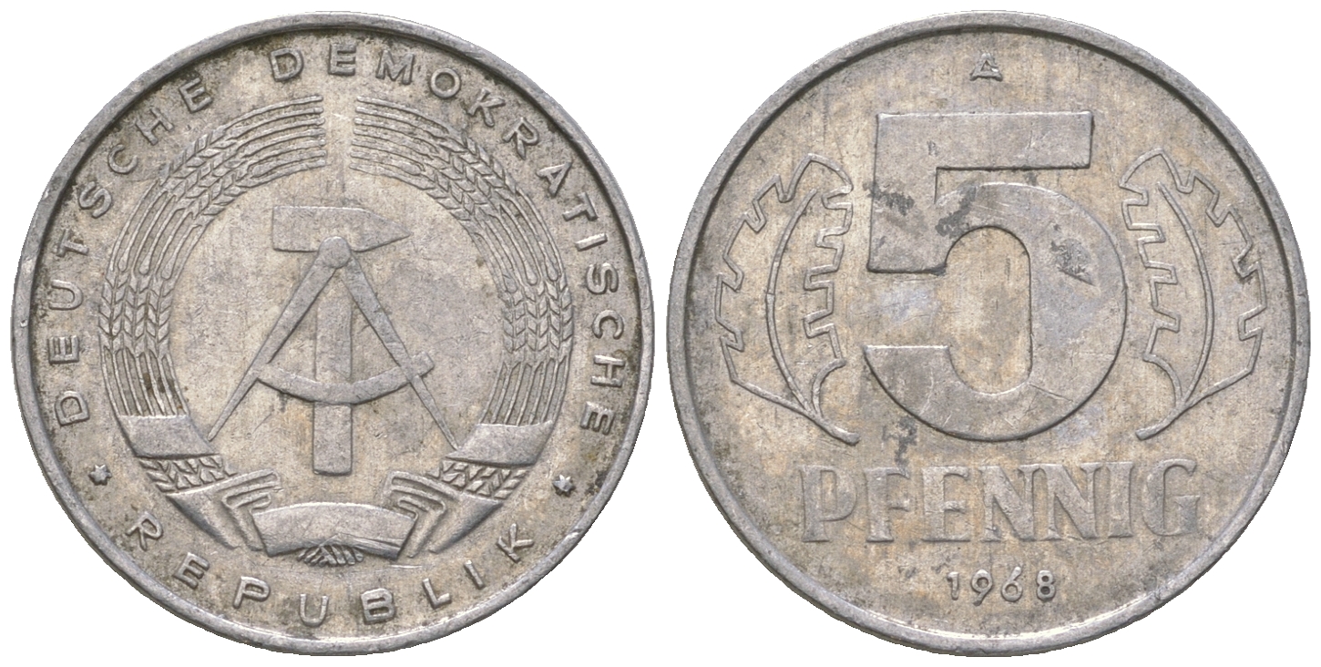ГДР 5 пфеннигов 1968 A KM 9.1 алюминий 4625-228
