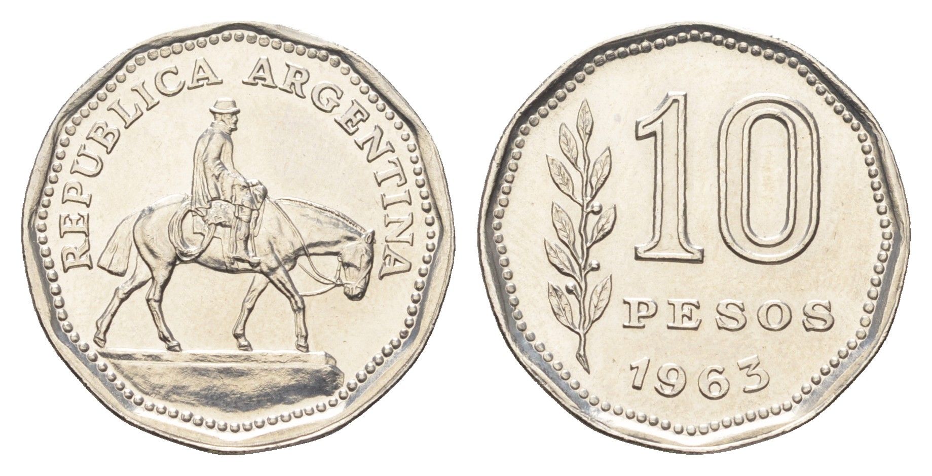 Аргентина 10 песо 1963 Гаучо KM 60 сталь плакированная никелем UNC 4662-723