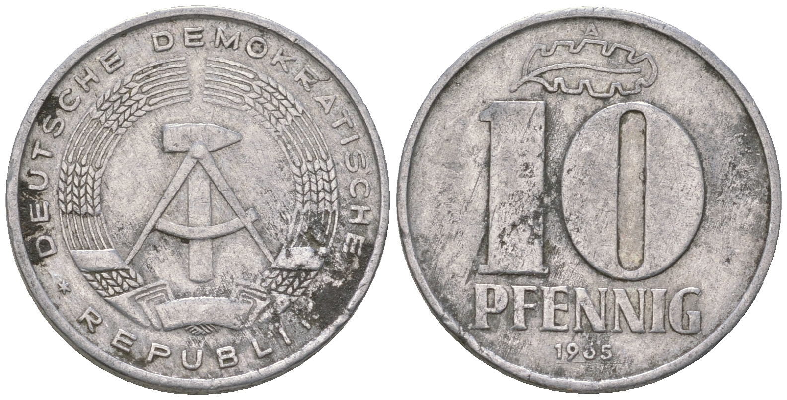 ГДР 10 пфеннигов 1965 А алюминий 3459-524