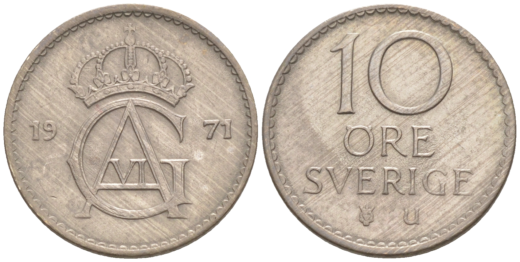 Швеция 10 эре 1971 Густав VI Адольф (1950-1973) KM 835 медно-никель UNC 187-823