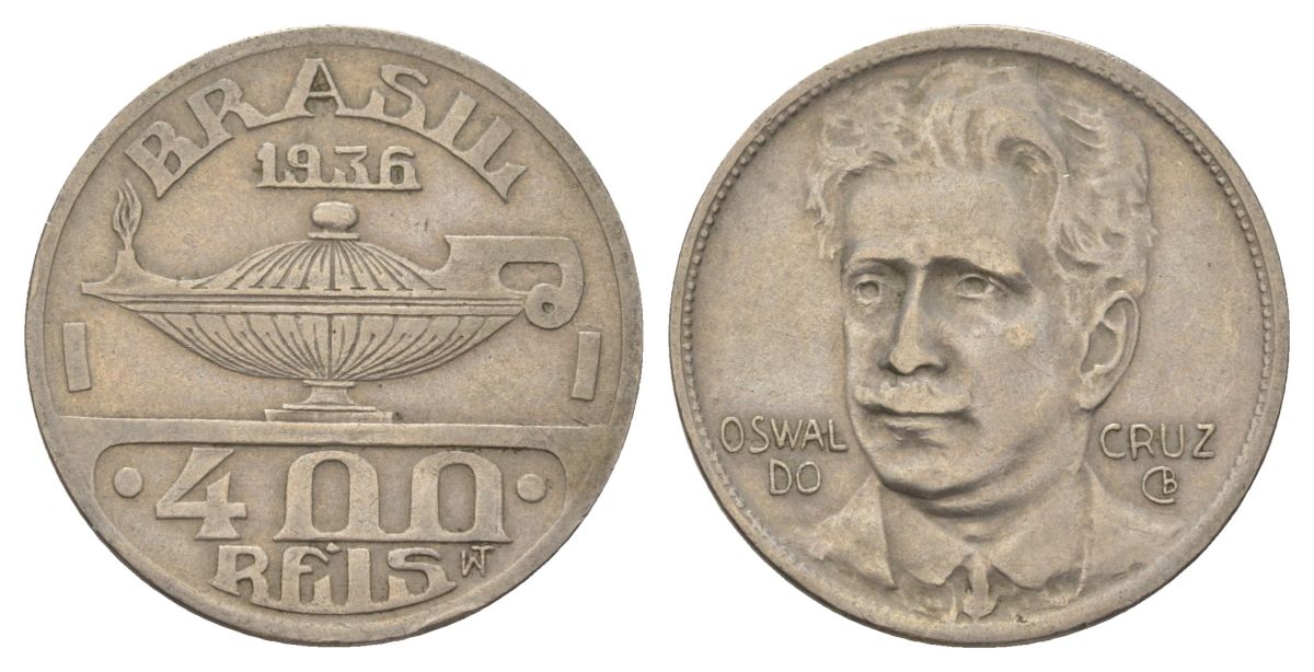 Бразилия 400 реалов 1936 Освалду Крус KM 539 медно-никель 4624-1225