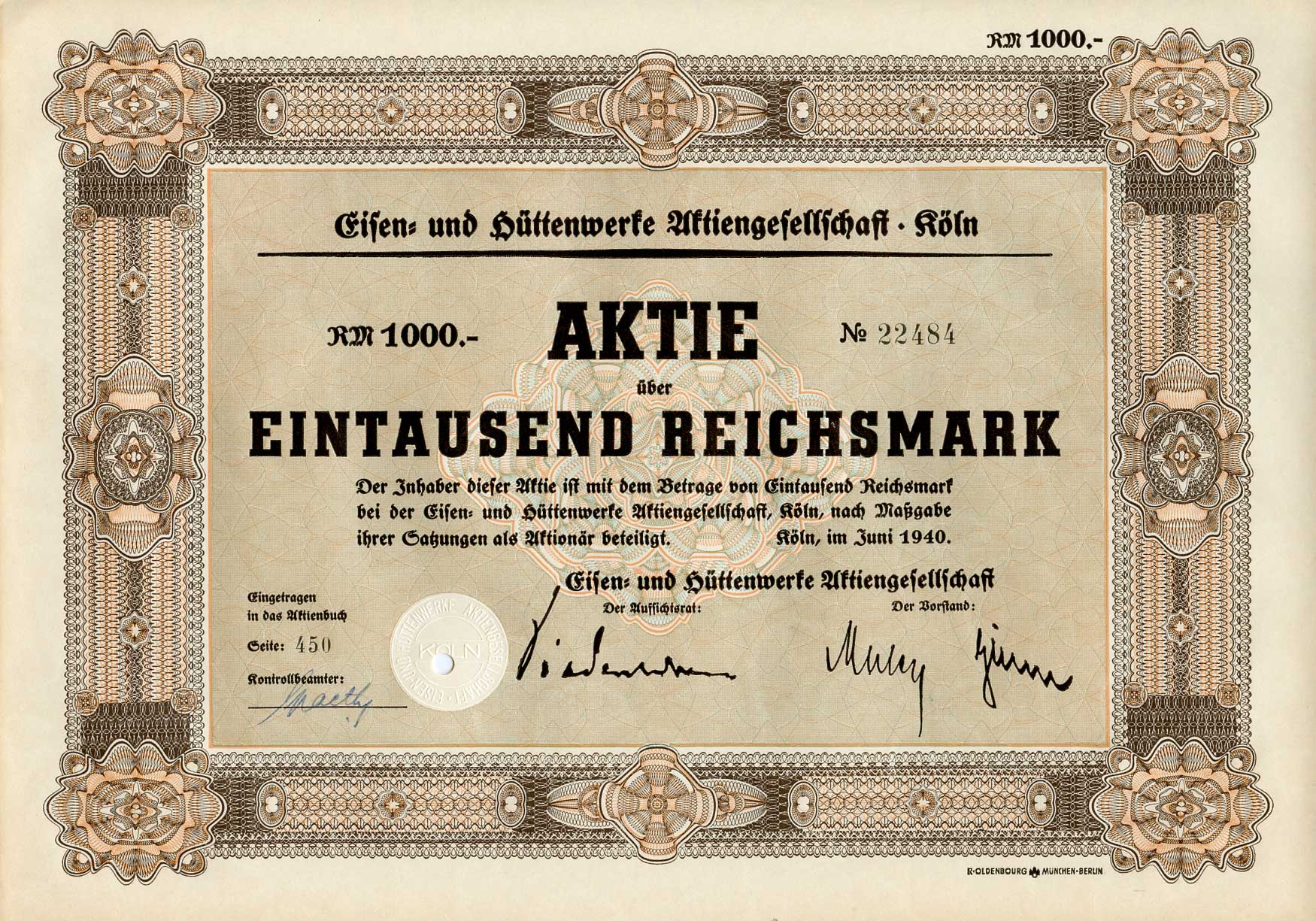 Германия 1000 рейхсмарок 1940 Акционерное общество металлургических и металлургических заводов, Кельн, акция   бумага   8803-60-1