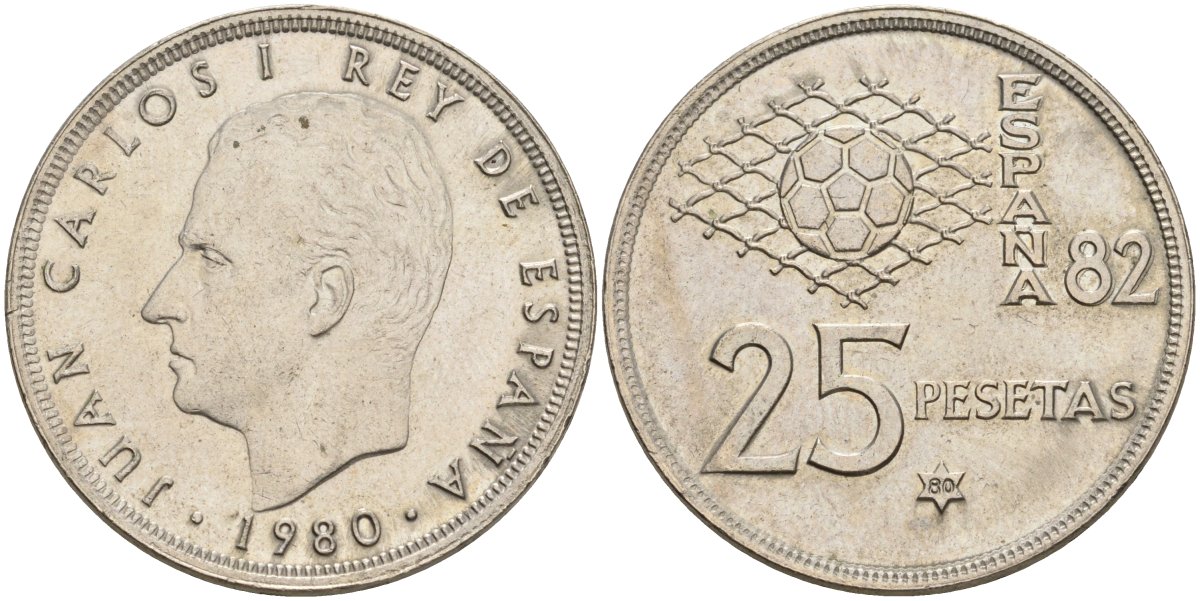 Испания 25 песет 1982 (80) Чемпионат мира по футболу 1982 года в Испании, Хуан Карлос I (1975 - 2014) KM 818 медно-никель 4531-1232