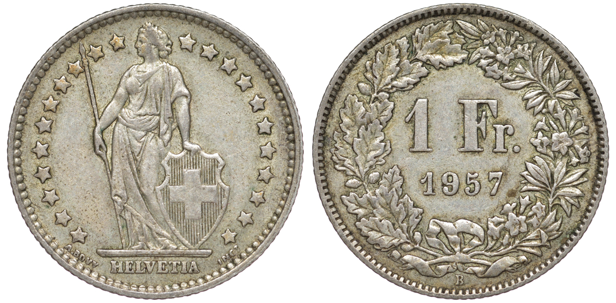 Швейцария 1 франк 1957 KM 24 серебро 4178-646