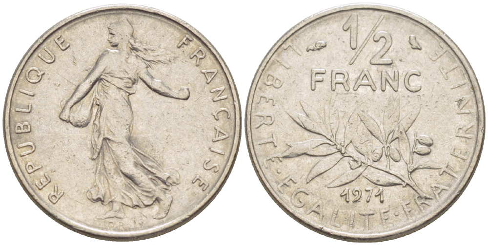 ФРАНЦИЯ 1/2 ФРАНКА 1971 СЕЯТЕЛЬ KM 931.1, LE FRANC 198.10 никель 75-1649