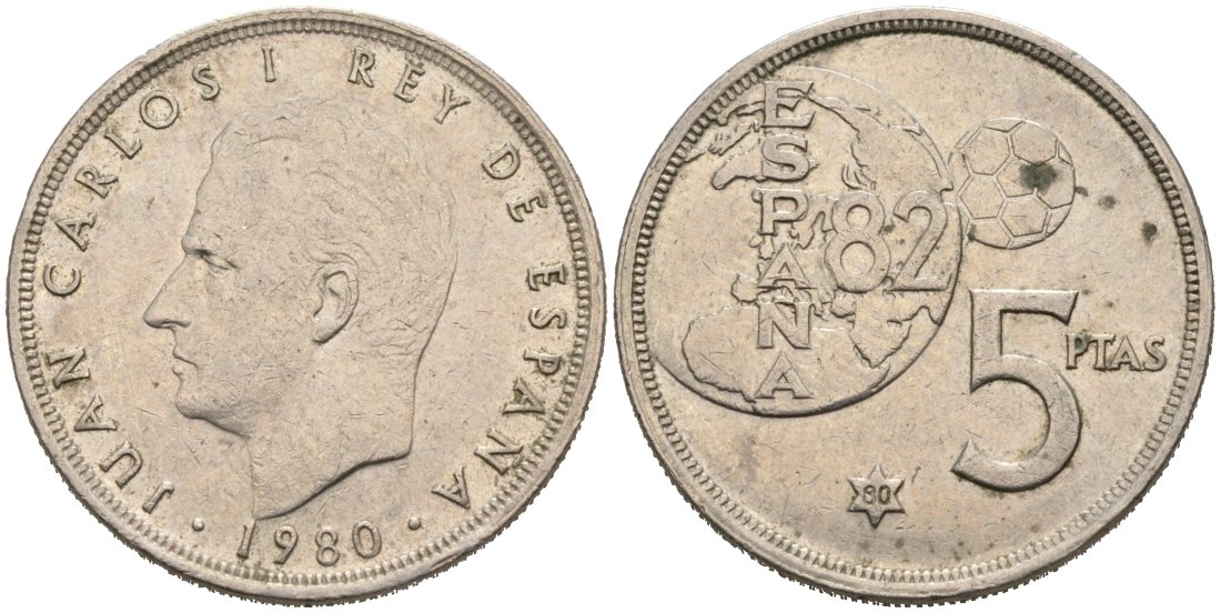 Испания 5 песет 1980 (80) чемпионат мира по футболу в Испании 1980 KM 817 медно-никель 92-934