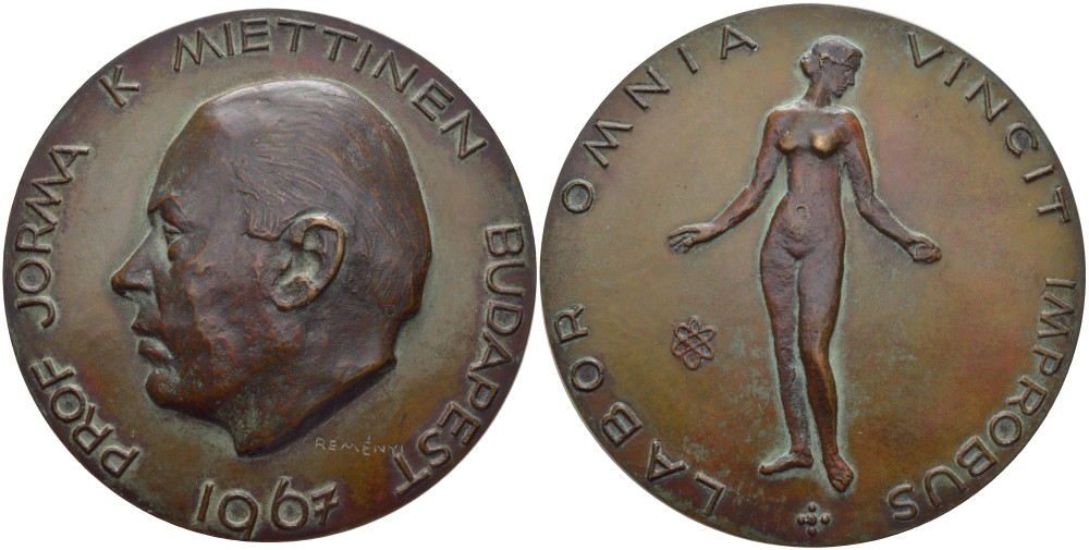 РУМЫНИЯ МЕДАЛЬ 1967 ПРОФЕССОР JORMA K. MIETTINEN, МЕДАЛЬЕР REMENYI, ДИАМЕТР 88 ММ. бронза 3-5-2-11