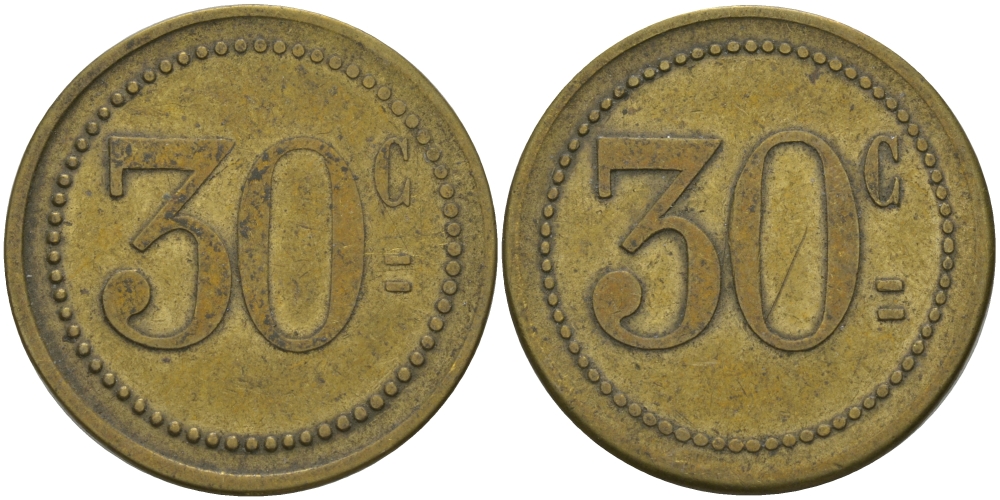 ФРАНЦИЯ 30 САНТИМОВ ND ПЛАТЕЖНЫЙ ЖЕТОН НАЧАЛА XX ВЕКА, ЦИФРЫ НОМИНАЛА 11 ММ., ДИАМЕТР 24 ММ. латунь 65-344