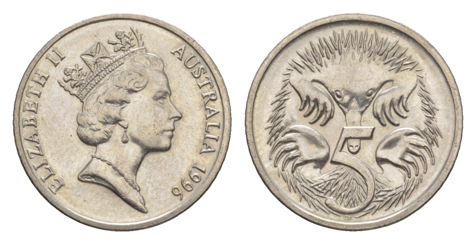 Австралия 5 центов 1996 Елизавета II (1952-2022), ехидна KM 80 медно-никель UNC 4154-165