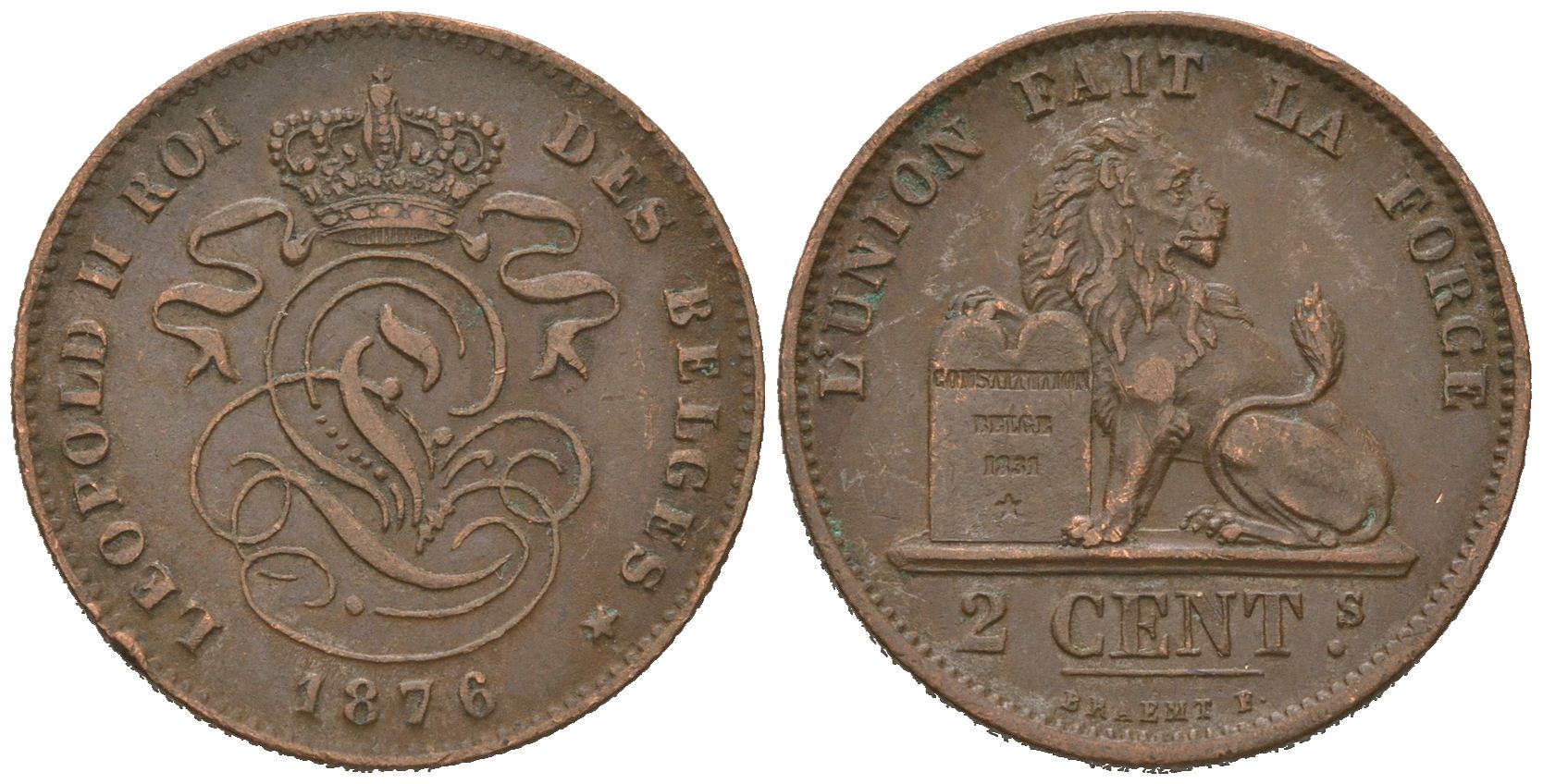 Бельгия 2 сантима 1876 Belges, Леопольд II (1865-1909) KM 35 медь 4618-1111