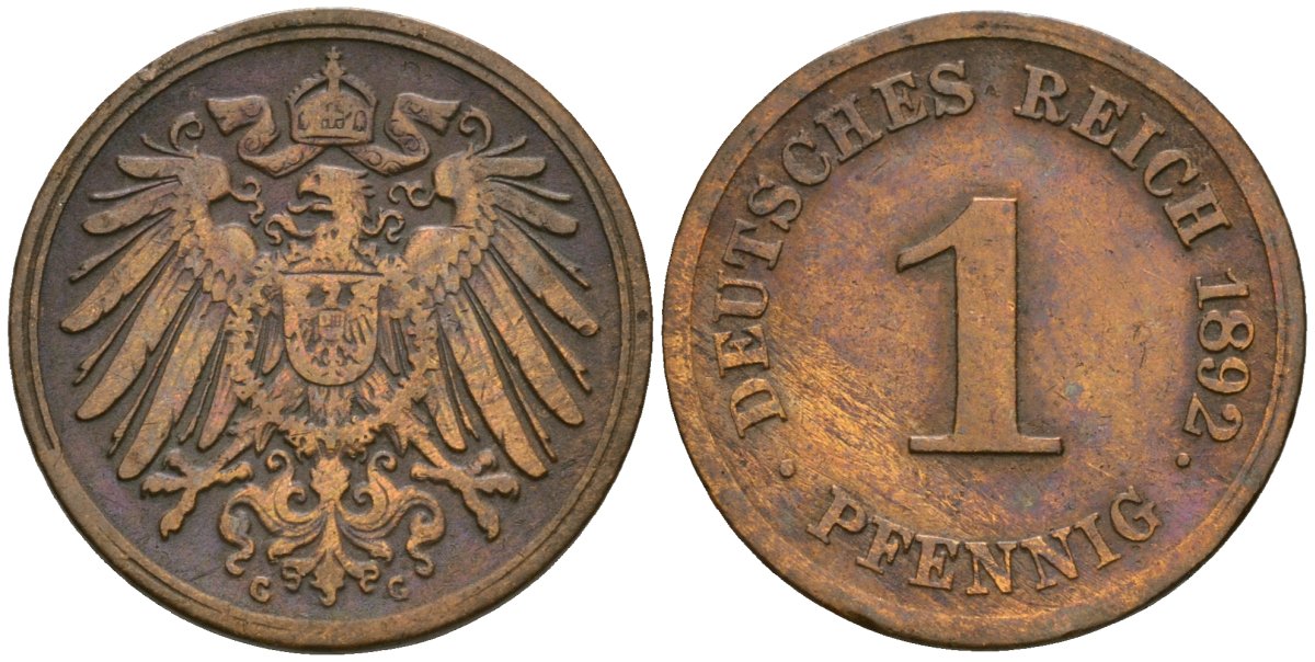 Германия 1 пфенниг 1892 G, Вильгельм II (1888-1918) KM 10, J. 10 медь 4608-221