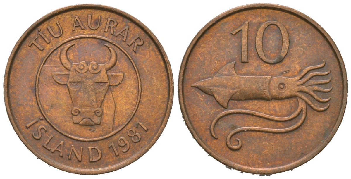 Исландия 10 эйре 1981 кальмар KM 25 бронза 4621-512