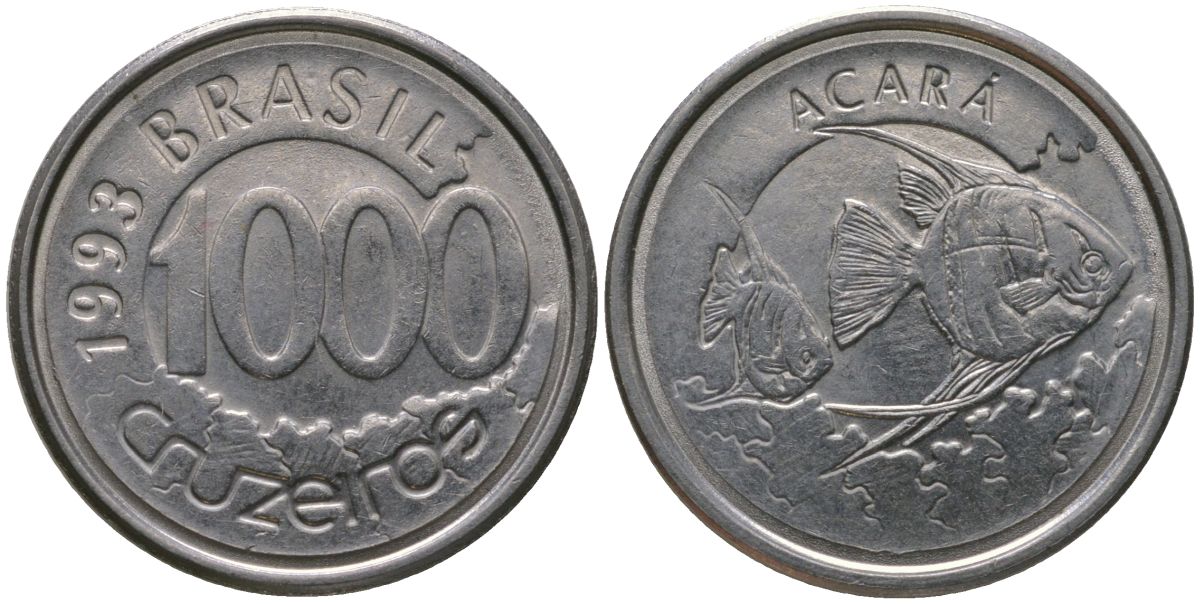Бразилия 1000 крузейро 1993 KM 626, Schon 134 нержавеющая сталь 4576-314