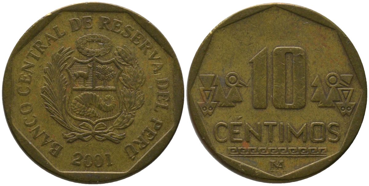 Перу 10 сентимо 2001 LIMA KM 305.4, Schon 104 латунь 4543-756