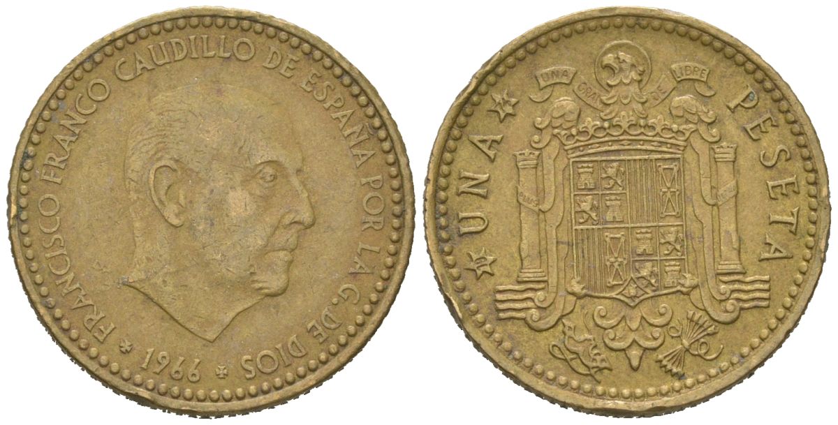 Испания 1 песета 1966 (74) Франсиско Франко (1939-1975) KM 796 алюминиевая бронза 4618-519
