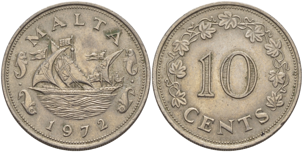 Мальта 10 центов 1972 баржа Великого магистра KM 11 медно-никель 82-625