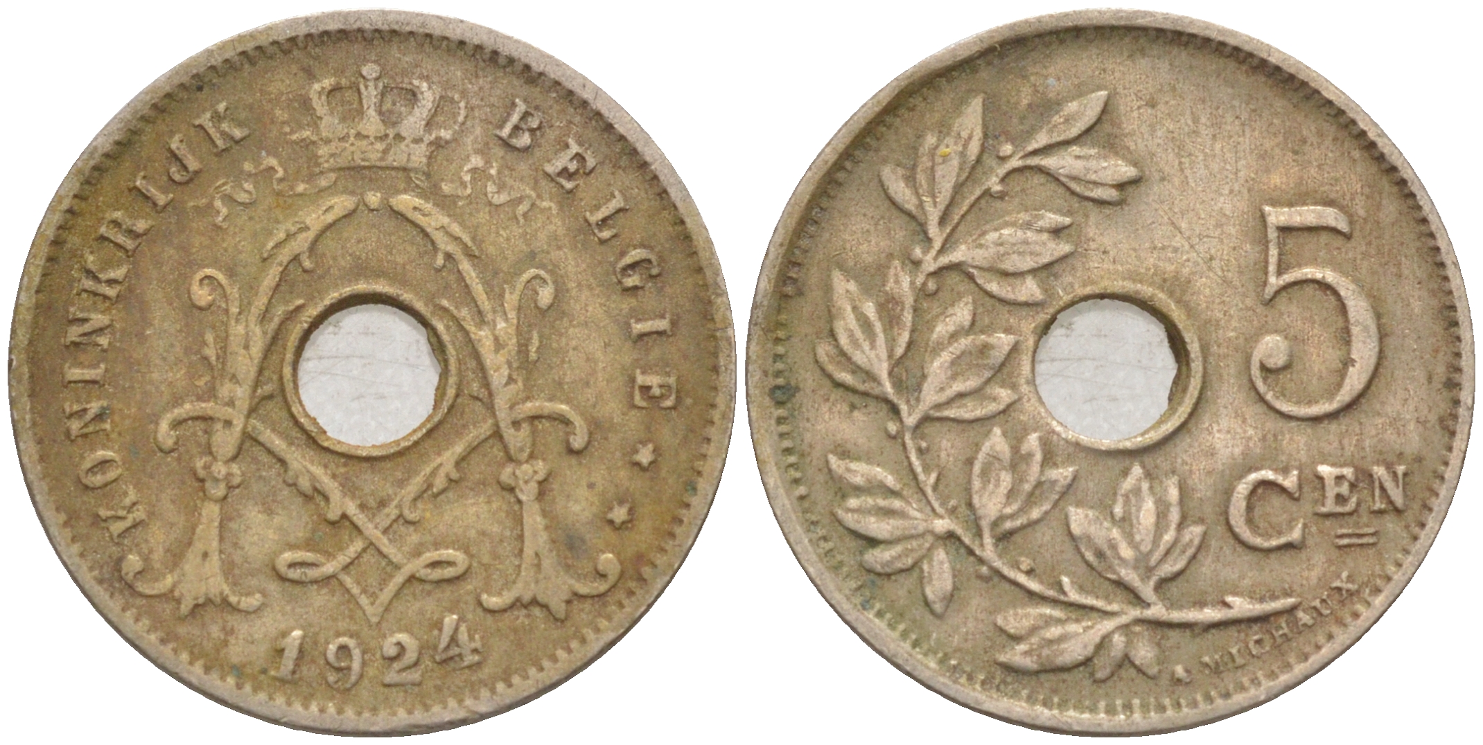 БЕЛЬГИЯ 5 САНТИМОВ 1924 BELGIE KM 67 медно-никель 187-963