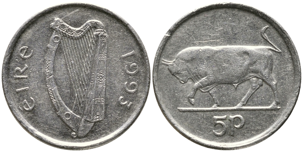 ИРЛАНДИЯ 5 ПЕНСОВ 1993 БЫК KM 28 медно-никель 100-515