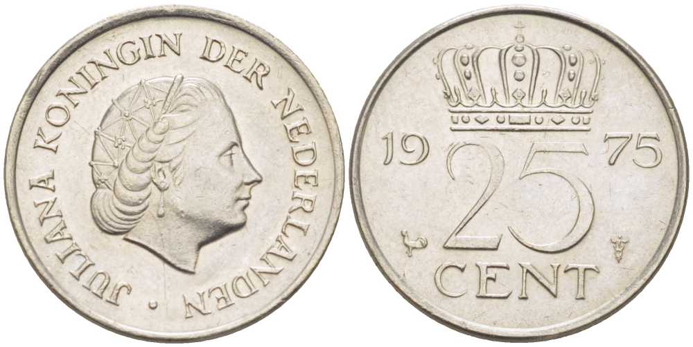 Нидерланды 25 центов 1975 Юлиана (1949-1980) KM 183 никель 214-969