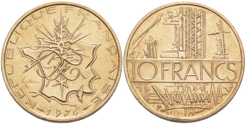 Франция 10 франков 1976 тип Матье KM 940, Le Franc 365.7-8 никель латунь 215-512