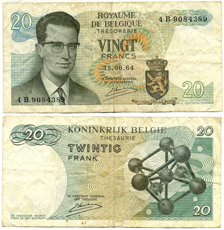 Бельгия 20 франков 1964 Бодуэн I, атомиум, Kestens Pick 138 (3) бумага 8614-21-1-1