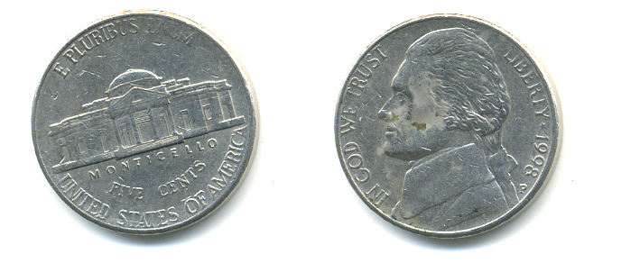 США 5 ЦЕНТОВ 1998 P ДЖЕФФЕРСОН KM А192 медно-никель 86-632