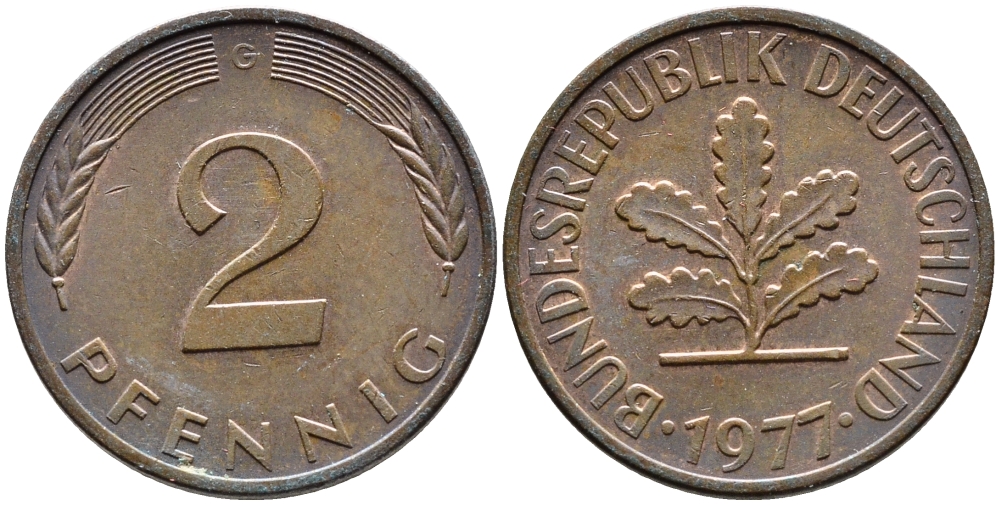 ФРГ 2 пфеннига 1977 G KM 106a, J.381a сталь плакированная медью 4392-444