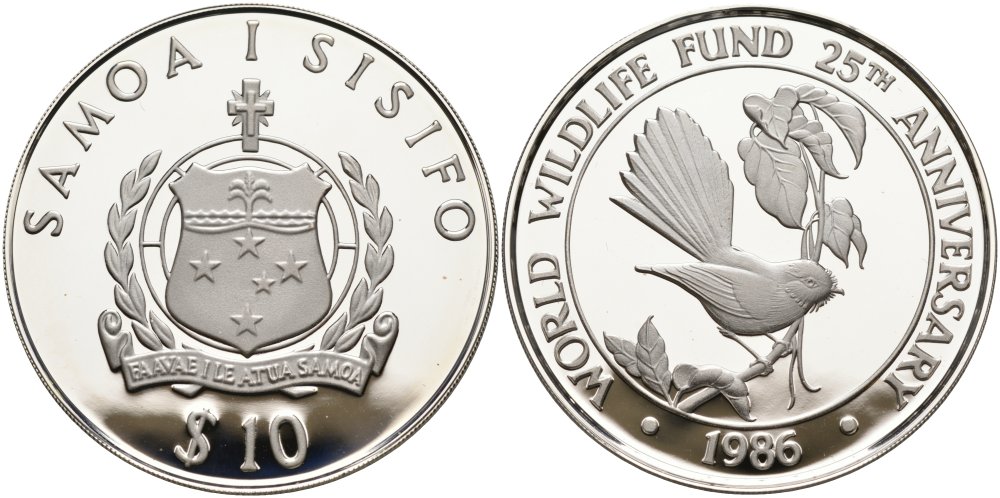 Самоа 10 тала 1986 25 лет WWF, самоанский куриный голубь KM 72 серебро PROOF 01-170-43
