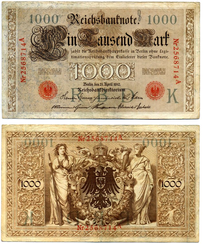 Германия 1000 марок 1910 21 апреля 1910, красная печать, номер семизначный, серия A, буква К, выпуск СЕНТЯБРЬ - ДЕКАБРЬ 1917 Pick 44, Роземберг 45b бумага VF- 2194-23-1-2