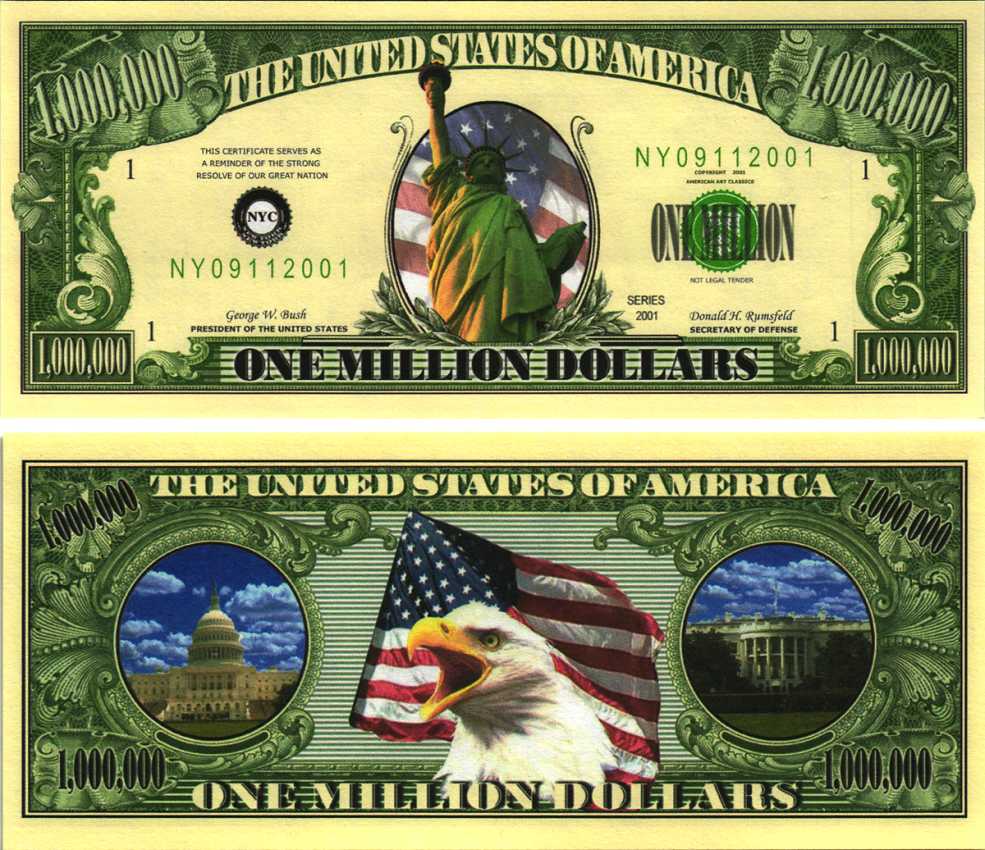 США 1000000 ДОЛЛАРОВ 2001 СУВЕНИРНАЯ БАНКНОТА, БЕЛЫЙ ДОМ И КАПИТОЛИЙ, ОСНОВЫ ДЕМОКРАТИИ бумага UNC (ПРЕСС) 7198-35-4-1