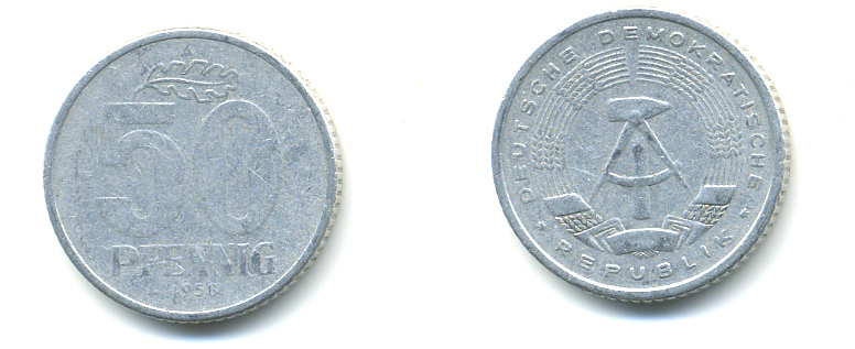 ГДР 50 ПФЕННИГОВ 1958 А ГОД ТИП KM 12.1 алюминий 176-341