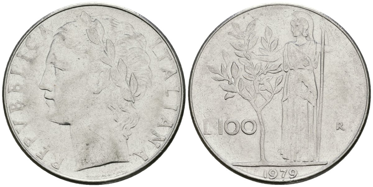 Италия 100 лир 1979 R, Афина у оливкового дерева KM 96.1 нержавеющия сталь 81-612