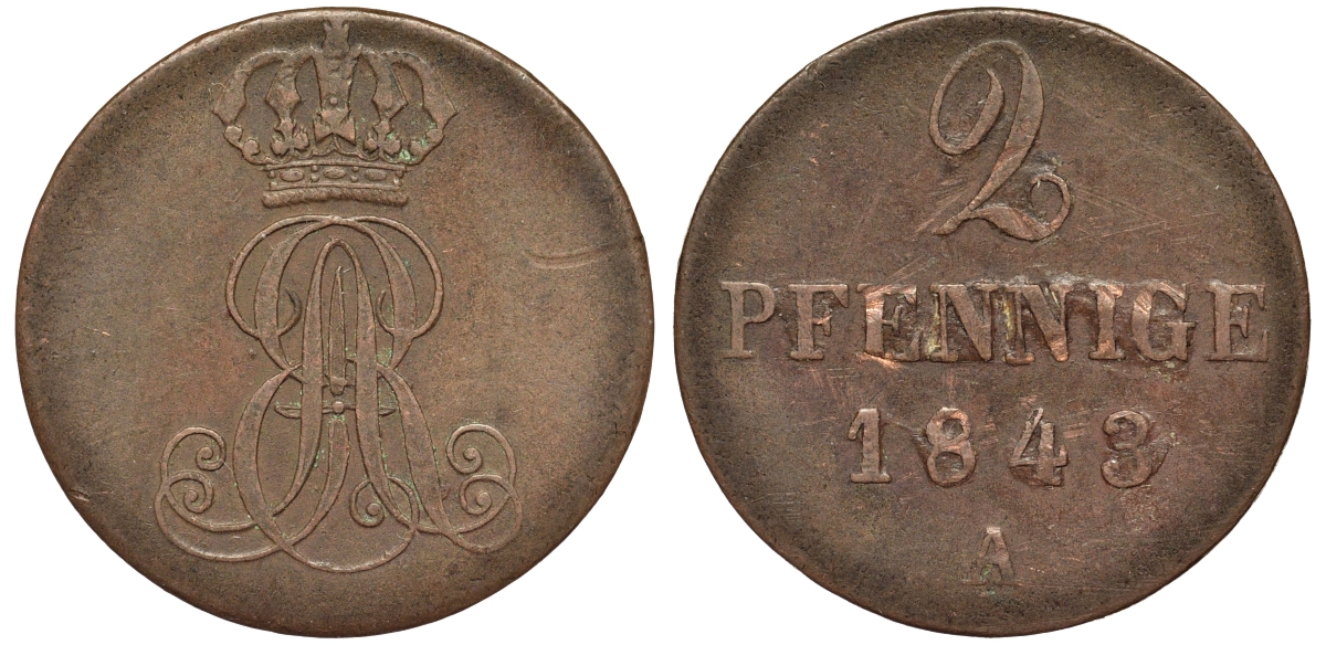 Ганновер 2 пфеннига 1843 A, Эрнст Август (1837-1851) KM 174.1, AKS 122, J. 55 медь 75-1747