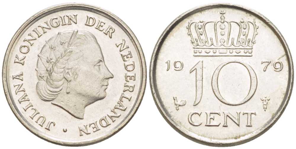НИДЕРЛАНДЫ 10 ЦЕНТОВ 1979 ЮЛИАНА (1948-1980) KM 182 никель 211-1252